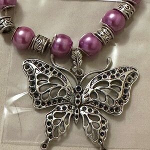 925 Sterling Silver Chain w/Lavender Beads & Butterfly Charm. Handmade. NWOT.